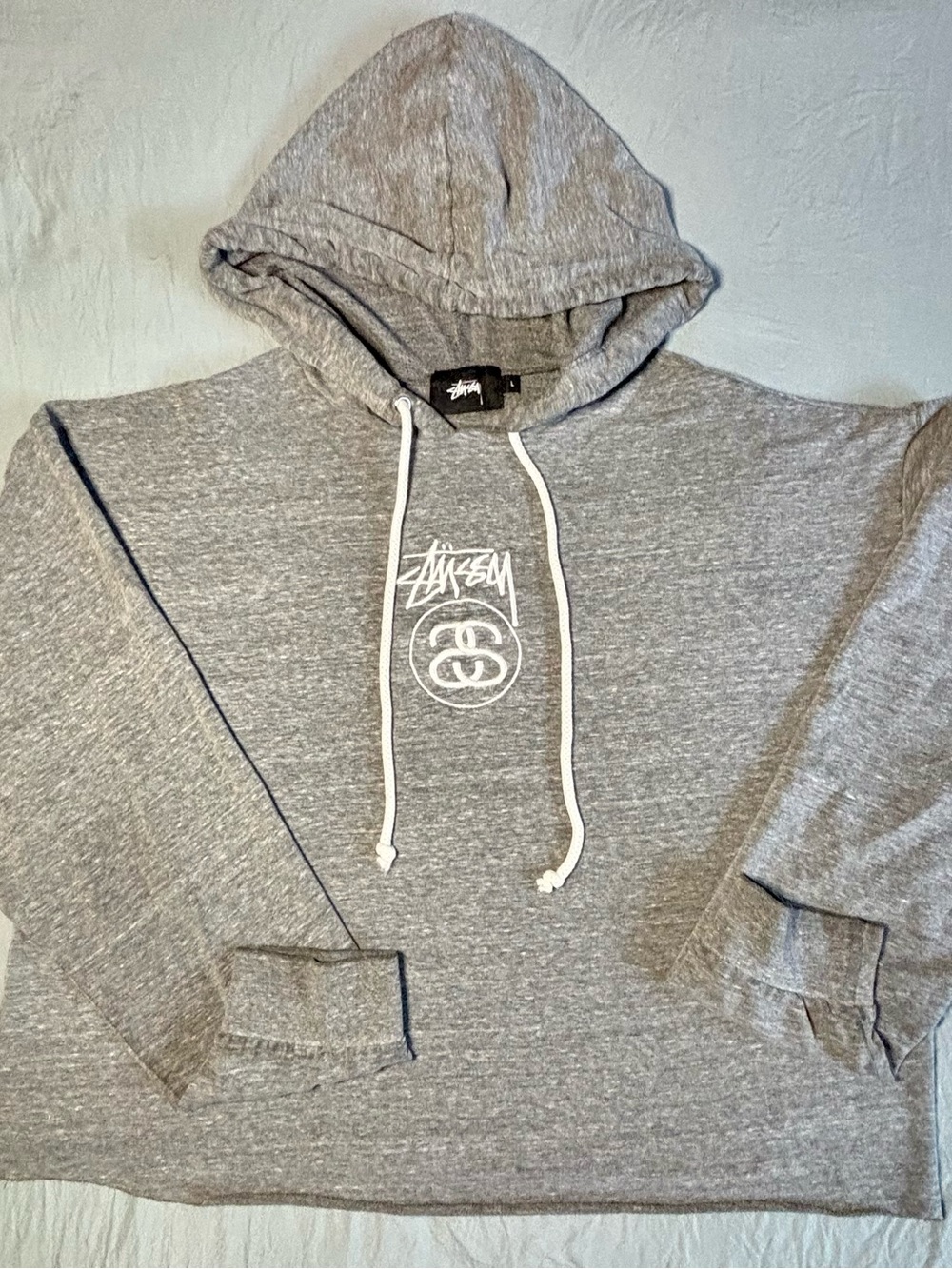 Stussy SS Link Hoodie L Gray Heather Logo Y2K Skater Streetwear Pullover